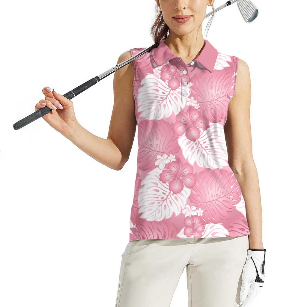 Pink Aloha Hawaii Women Sleeveless Polo Shirt Monstera Hibiscus Plumeria Seamless Vibes - Polynesian Pride