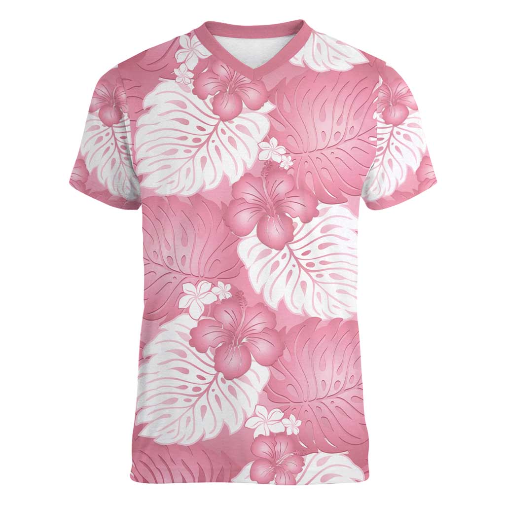 Pink Aloha Hawaii Women V-Neck T-Shirt Monstera Hibiscus Plumeria Seamless Vibes - Polynesian Pride