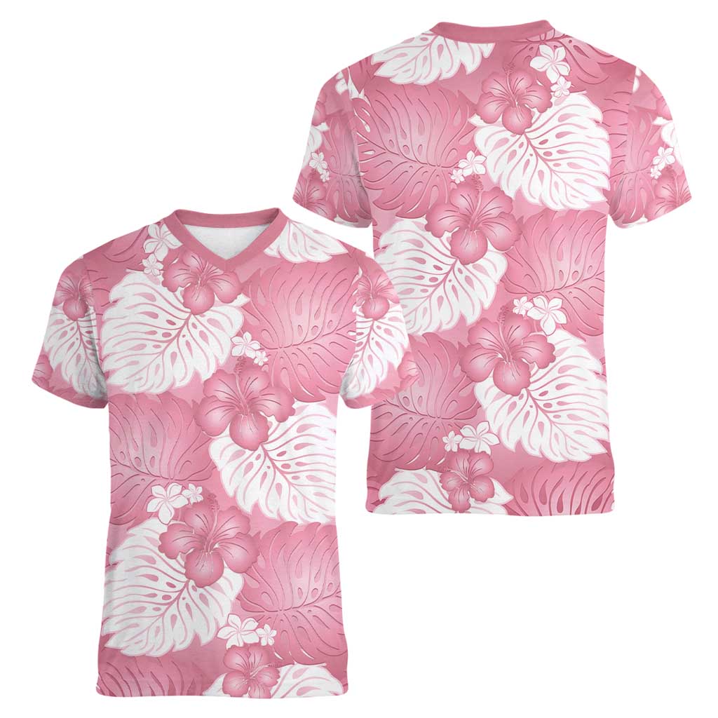 Pink Aloha Hawaii Women V-Neck T-Shirt Monstera Hibiscus Plumeria Seamless Vibes - Polynesian Pride