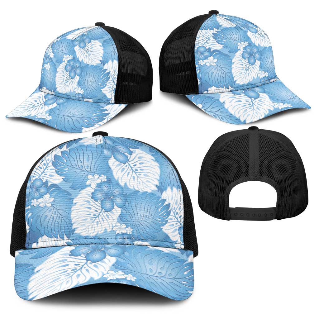 Blue Aloha Hawaii Baseball Net Cap Monstera Hibiscus Plumeria Seamless Vibes - Polynesian Pride