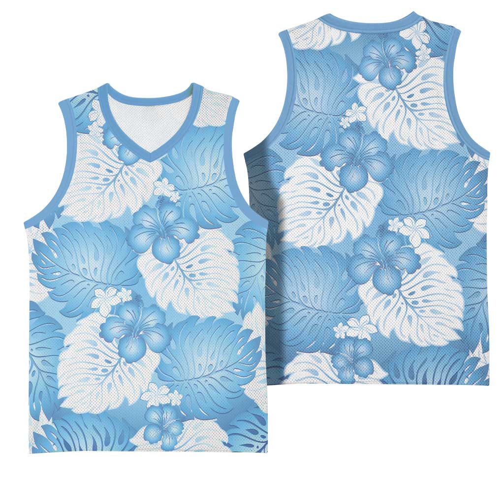 Blue Aloha Hawaii Basketball Jersey Monstera Hibiscus Plumeria Seamless Vibes - Polynesian Pride
