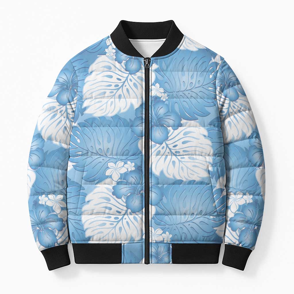 Blue Aloha Hawaii Bomber Puffer Jacket Monstera Hibiscus Plumeria Seamless Vibes - Polynesian Pride