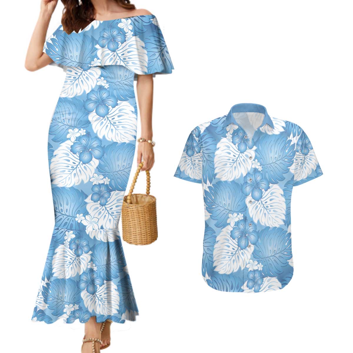 Blue Aloha Hawaii Couples Matching Mermaid Dress and Hawaiian Shirt Monstera Hibiscus Plumeria Seamless Vibes - Polynesian Pride