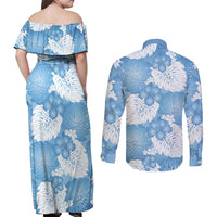 Blue Aloha Hawaii Couples Matching Off Shoulder Maxi Dress and Long Sleeve Button Shirt Monstera Hibiscus Plumeria Seamless Vibes - Polynesian Pride