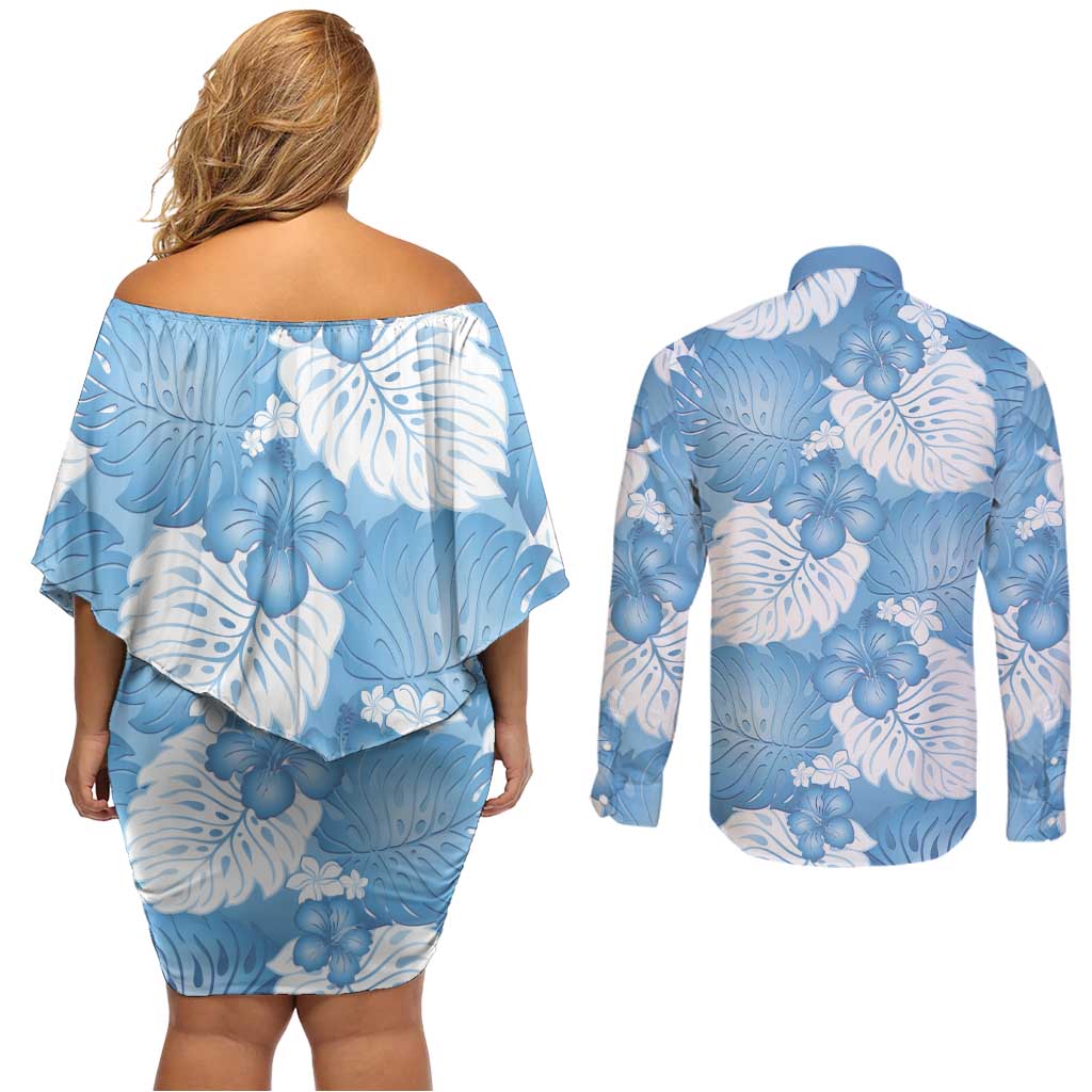 Blue Aloha Hawaii Couples Matching Off Shoulder Short Dress and Long Sleeve Button Shirt Monstera Hibiscus Plumeria Seamless Vibes - Polynesian Pride