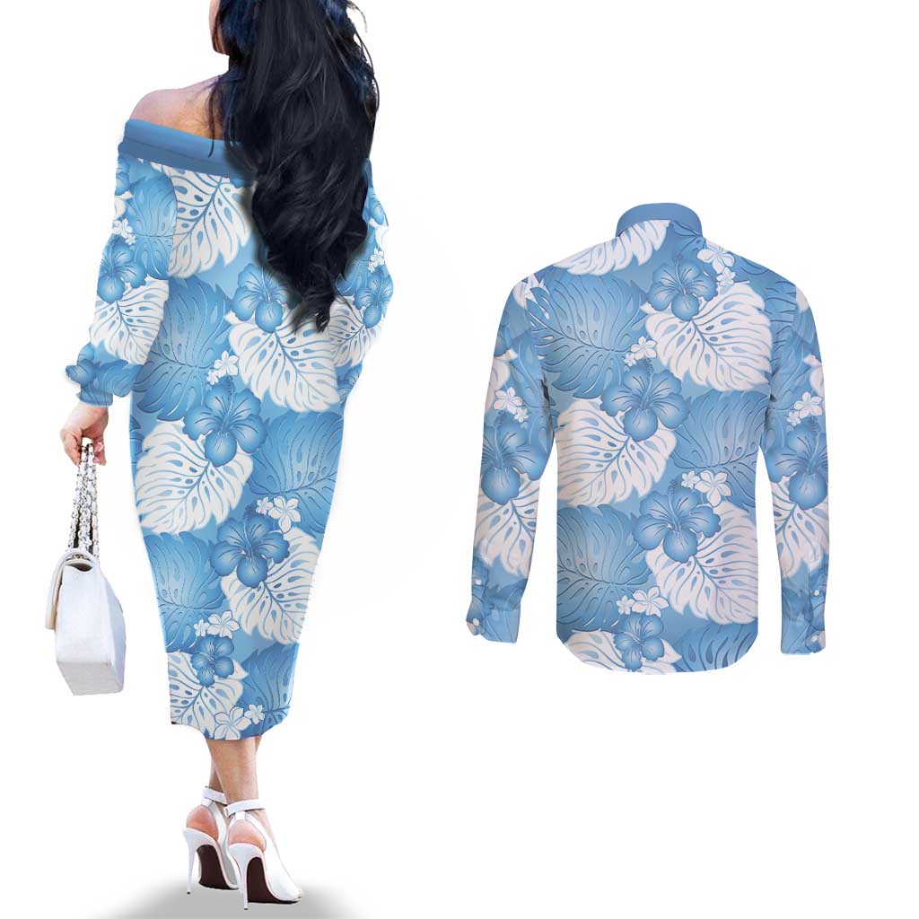 Blue Aloha Hawaii Couples Matching Off The Shoulder Long Sleeve Dress and Long Sleeve Button Shirt Monstera Hibiscus Plumeria Seamless Vibes - Polynesian Pride