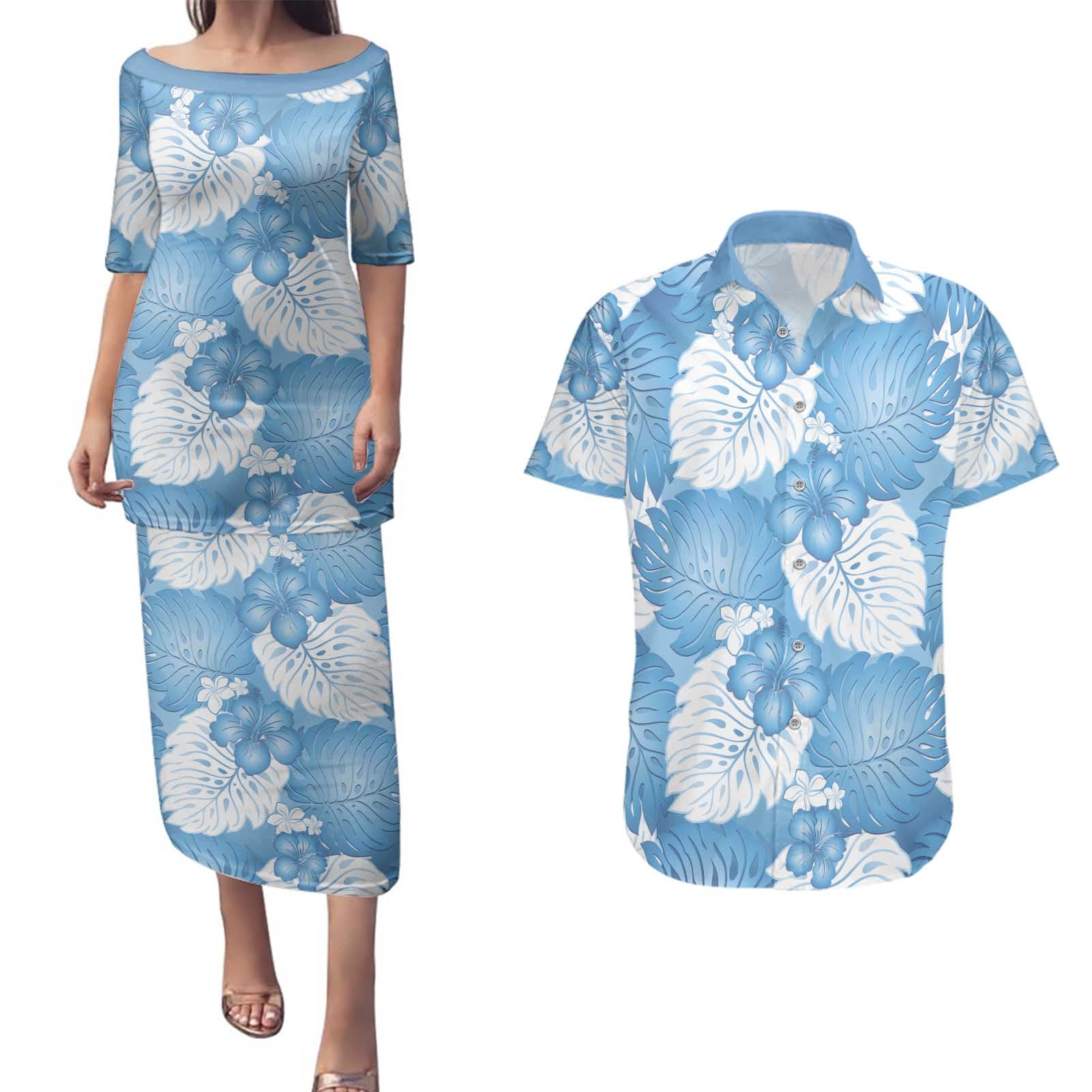 Blue Aloha Hawaii Couples Matching Puletasi and Hawaiian Shirt Monstera Hibiscus Plumeria Seamless Vibes - Polynesian Pride