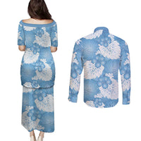 Blue Aloha Hawaii Couples Matching Puletasi and Long Sleeve Button Shirt Monstera Hibiscus Plumeria Seamless Vibes - Polynesian Pride