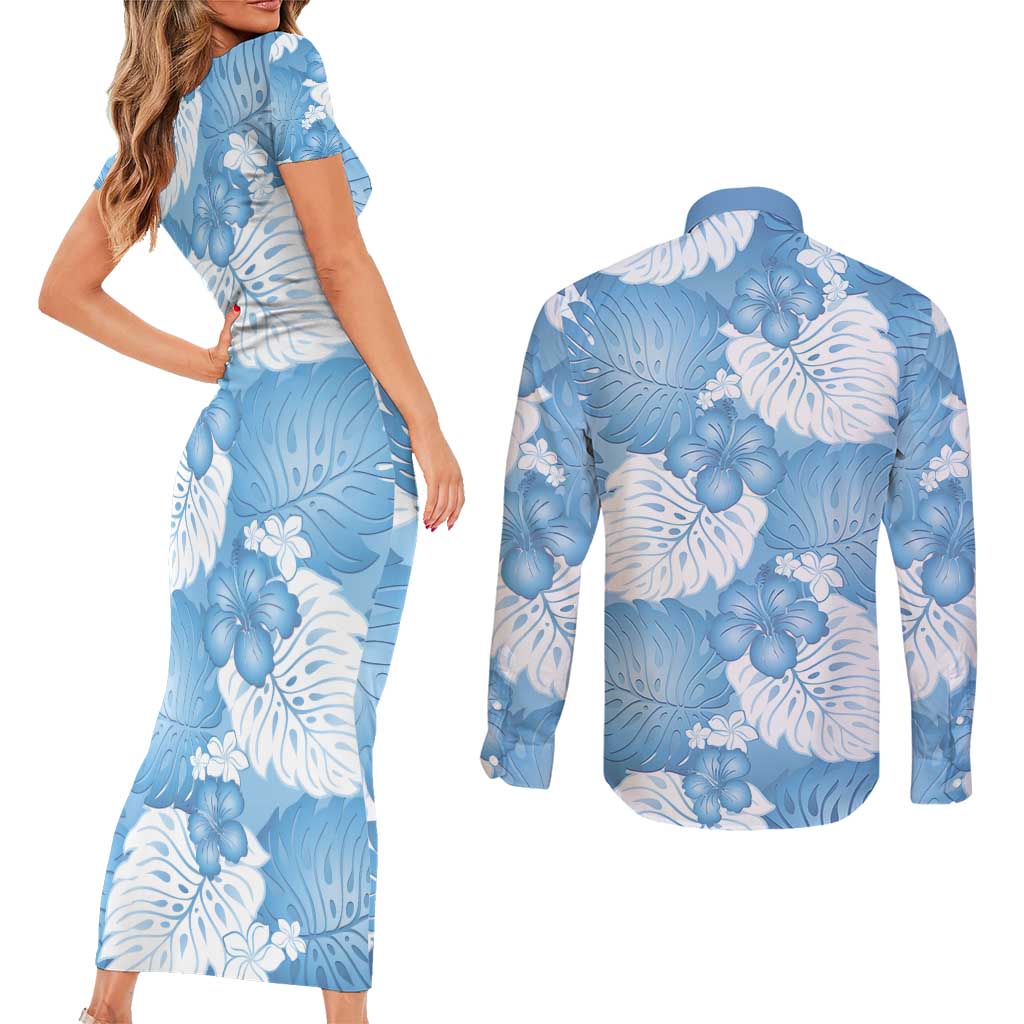Blue Aloha Hawaii Couples Matching Short Sleeve Bodycon Dress and Long Sleeve Button Shirt Monstera Hibiscus Plumeria Seamless Vibes - Polynesian Pride