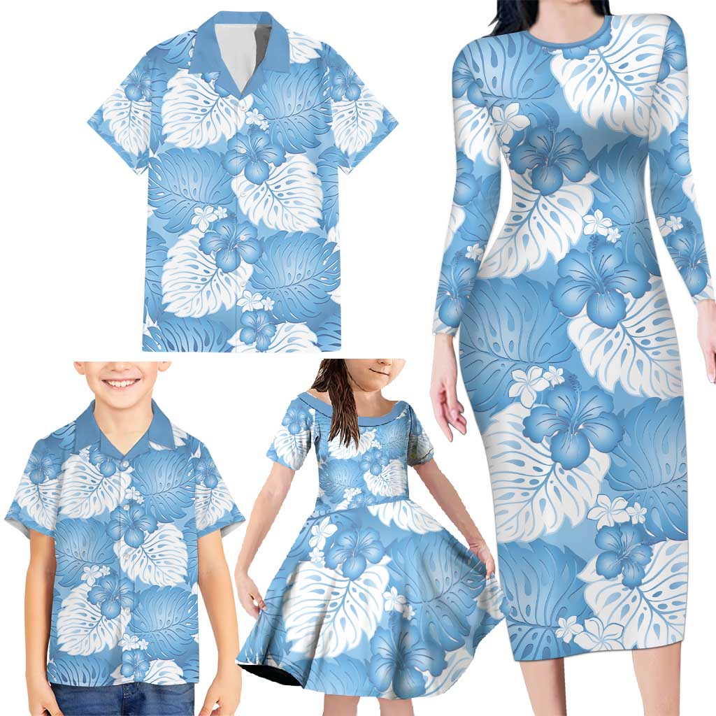 Blue Aloha Hawaii Family Matching Long Sleeve Bodycon Dress and Hawaiian Shirt Monstera Hibiscus Plumeria Seamless Vibes - Polynesian Pride