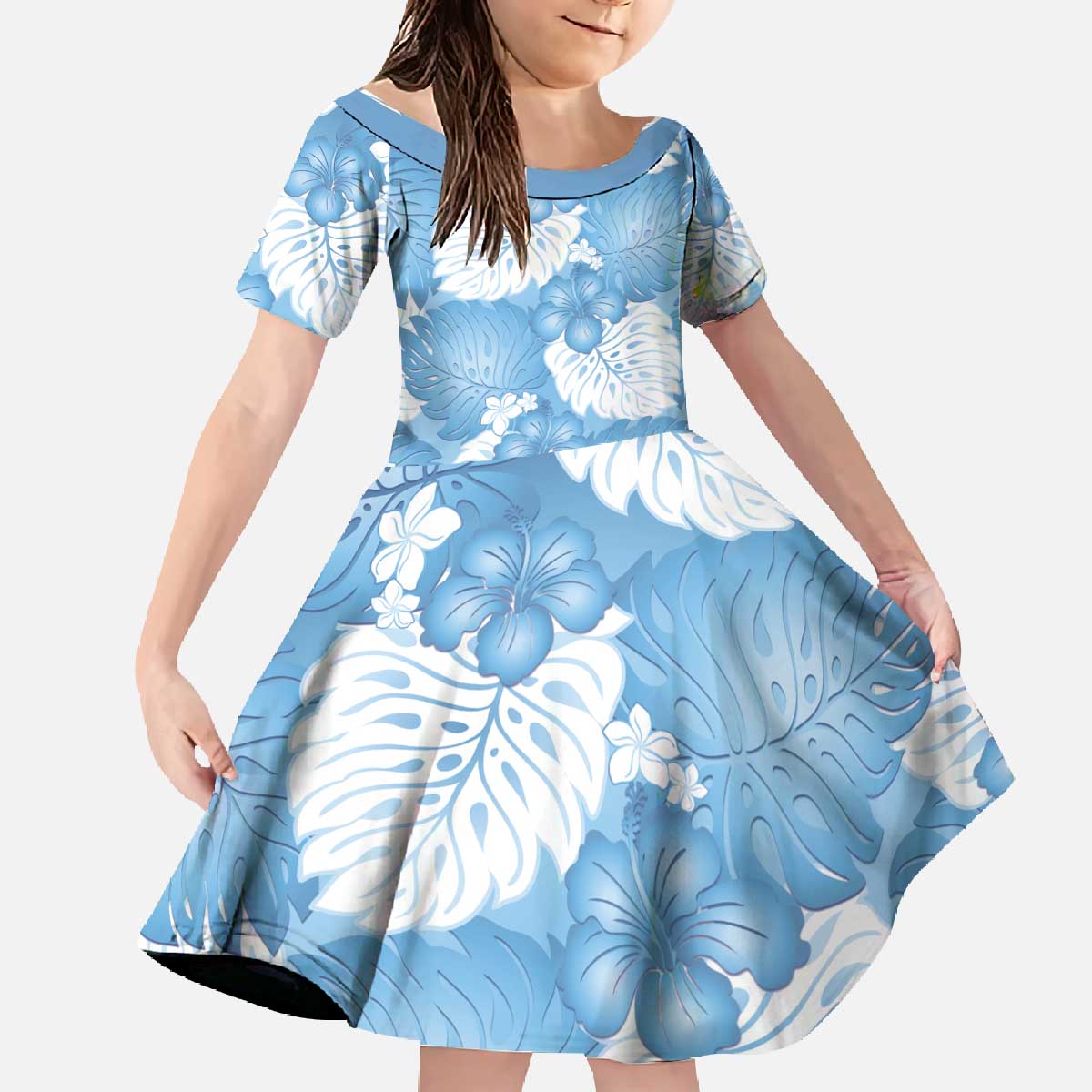 Blue Aloha Hawaii Family Matching Off The Shoulder Long Sleeve Dress and Hawaiian Shirt Monstera Hibiscus Plumeria Seamless Vibes - Polynesian Pride