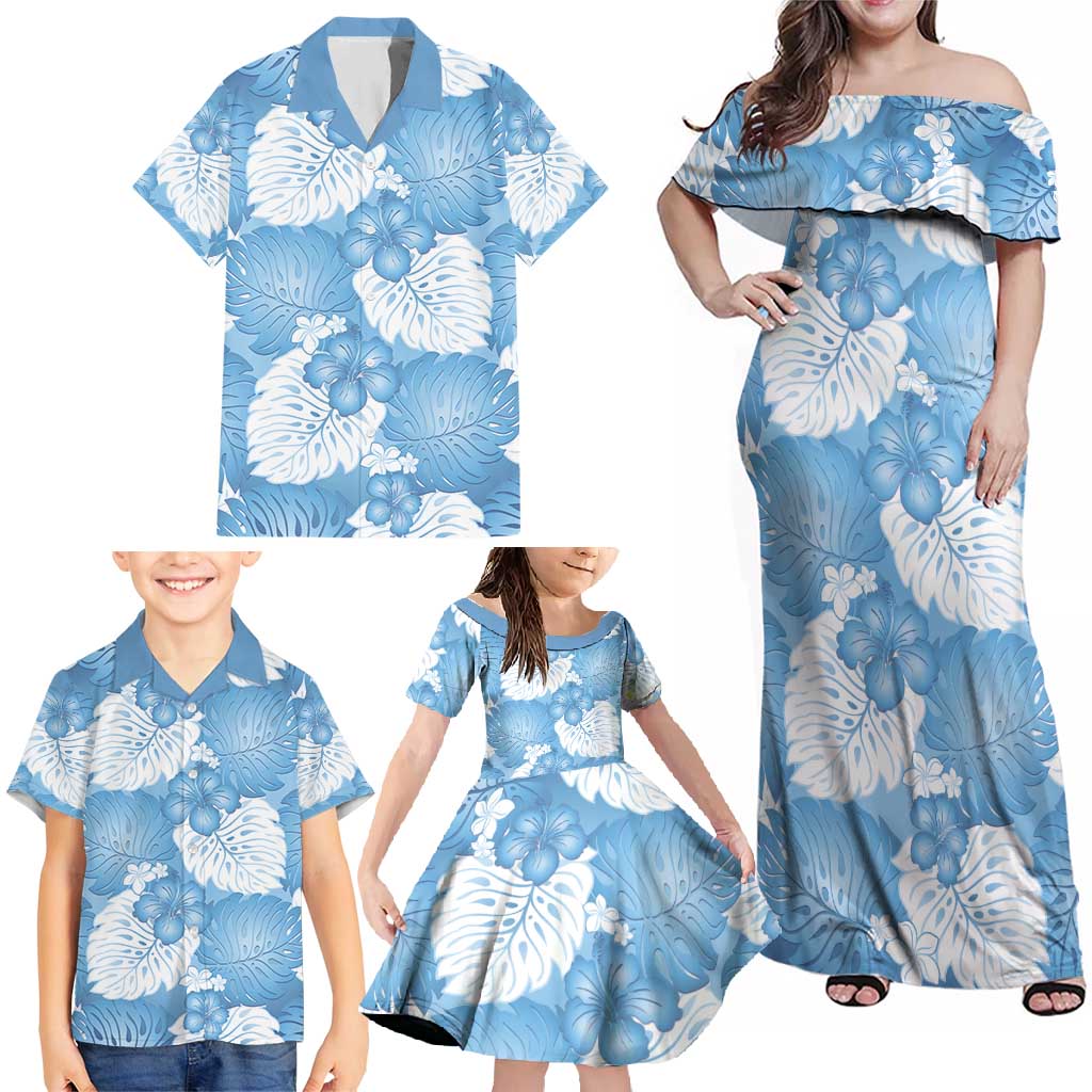 Blue Aloha Hawaii Family Matching Off Shoulder Maxi Dress and Hawaiian Shirt Monstera Hibiscus Plumeria Seamless Vibes LT14 - Polynesian Pride