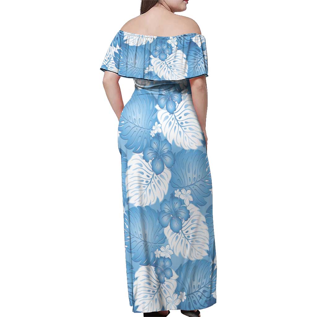 Blue Aloha Hawaii Family Matching Off Shoulder Maxi Dress and Hawaiian Shirt Monstera Hibiscus Plumeria Seamless Vibes LT14 - Polynesian Pride
