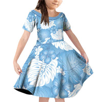 Blue Aloha Hawaii Family Matching Off Shoulder Short Dress and Hawaiian Shirt Monstera Hibiscus Plumeria Seamless Vibes LT14 Daughter's Dress Blue - Polynesian Pride