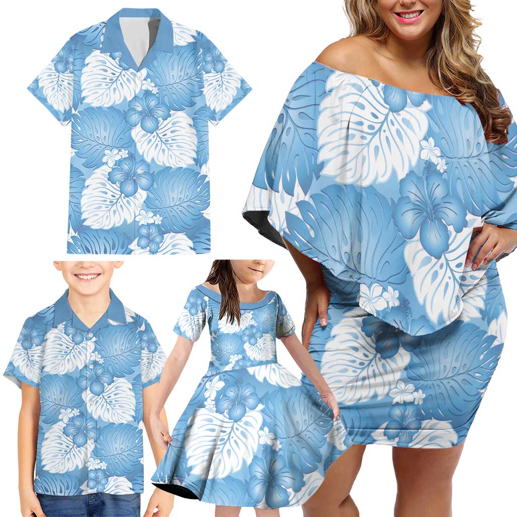 Blue Aloha Hawaii Family Matching Off Shoulder Short Dress and Hawaiian Shirt Monstera Hibiscus Plumeria Seamless Vibes LT14 - Polynesian Pride