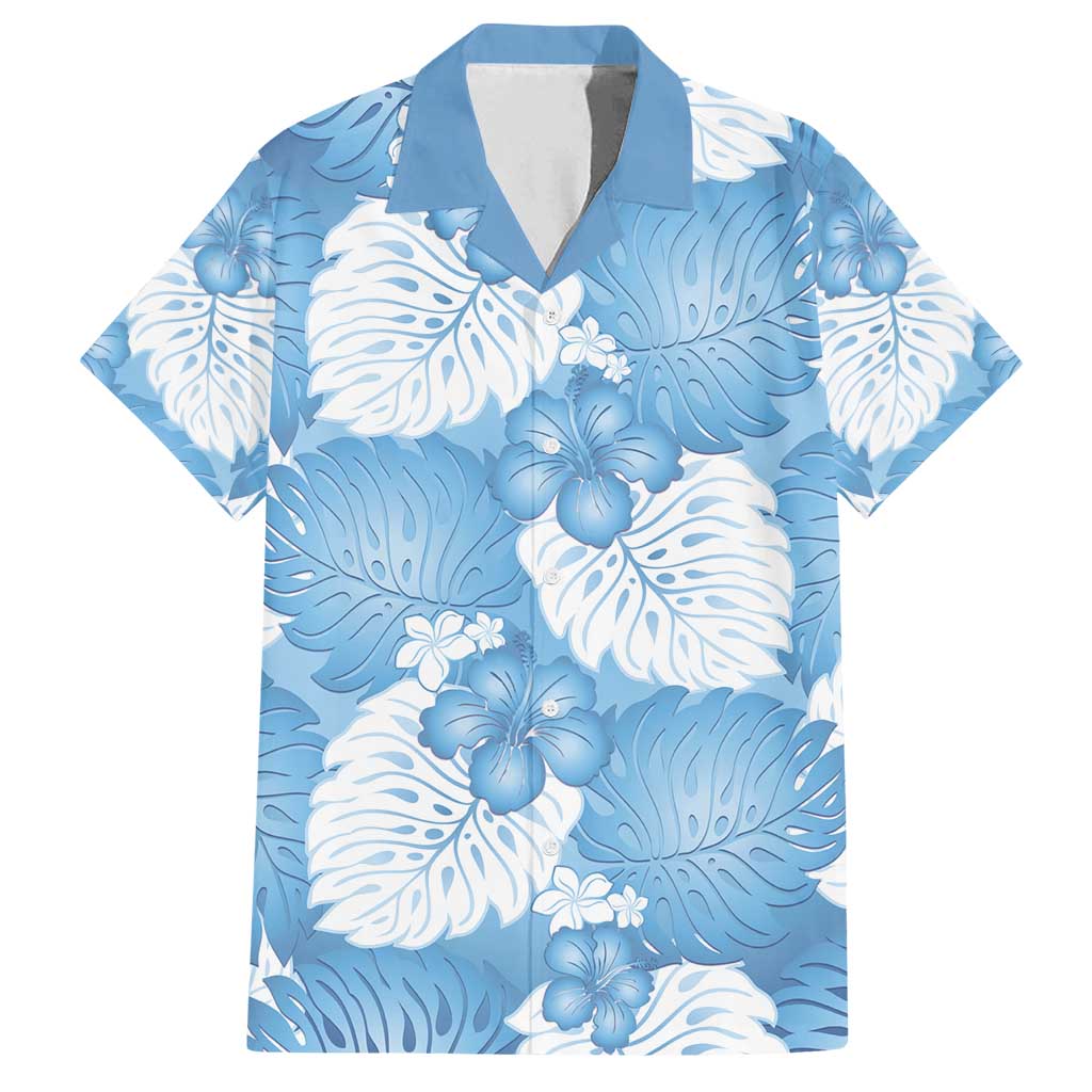 Blue Aloha Hawaii Family Matching Off Shoulder Short Dress and Hawaiian Shirt Monstera Hibiscus Plumeria Seamless Vibes LT14 Dad's Shirt - Short Sleeve Blue - Polynesian Pride