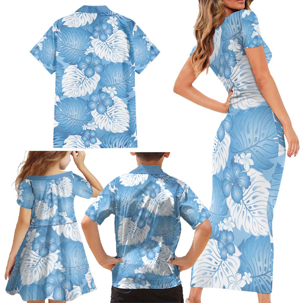 Blue Aloha Hawaii Family Matching Short Sleeve Bodycon Dress and Hawaiian Shirt Monstera Hibiscus Plumeria Seamless Vibes LT14 - Polynesian Pride