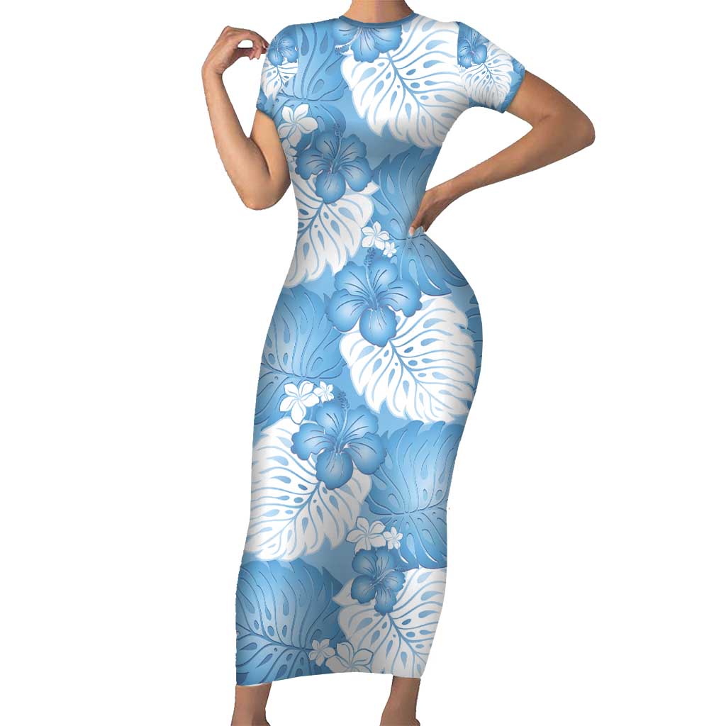 Blue Aloha Hawaii Family Matching Short Sleeve Bodycon Dress and Hawaiian Shirt Monstera Hibiscus Plumeria Seamless Vibes LT14 Mom's Dress Blue - Polynesian Pride