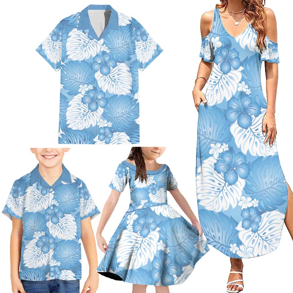 Blue Aloha Hawaii Family Matching Summer Maxi Dress and Hawaiian Shirt Monstera Hibiscus Plumeria Seamless Vibes LT14 - Polynesian Pride