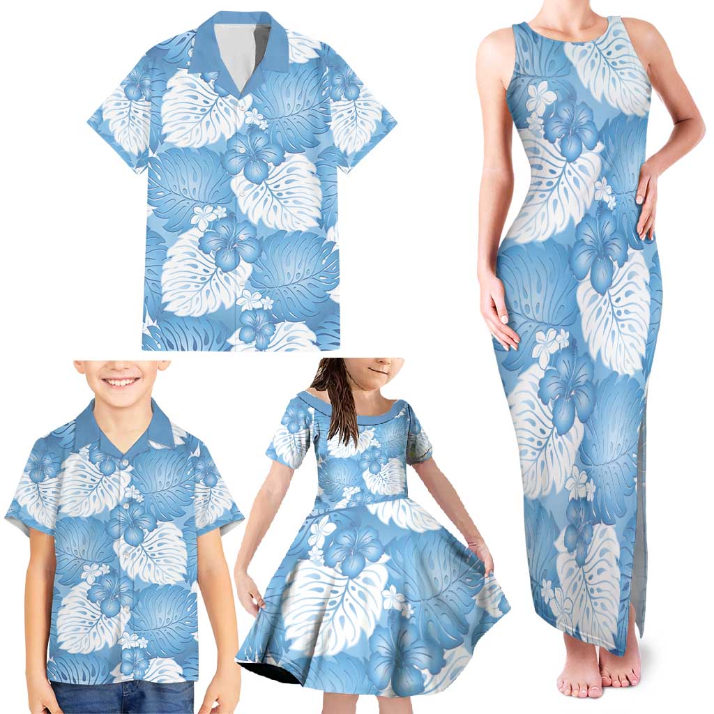 Blue Aloha Hawaii Family Matching Tank Maxi Dress and Hawaiian Shirt Monstera Hibiscus Plumeria Seamless Vibes LT14 - Polynesian Pride