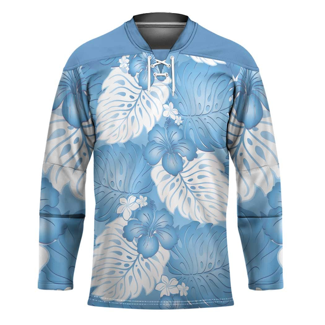 Blue Aloha Hawaii Hockey Jersey Monstera Hibiscus Plumeria Seamless Vibes - Polynesian Pride
