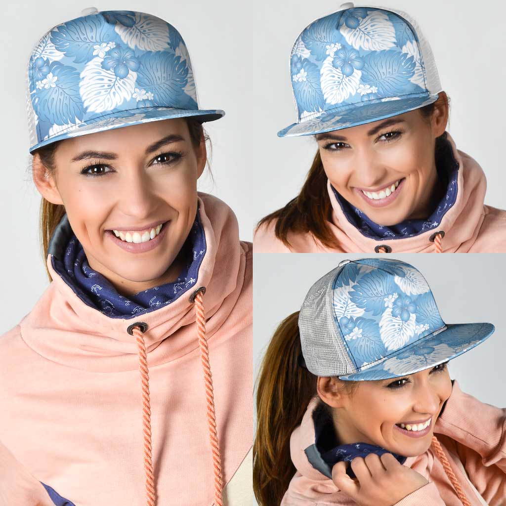 Blue Aloha Hawaii Mesh Trucker Cap Monstera Hibiscus Plumeria Seamless Vibes - Polynesian Pride