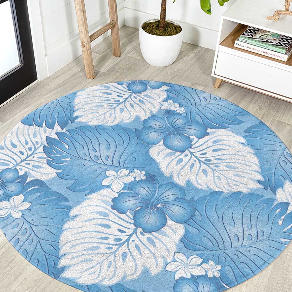 Blue Aloha Hawaii Round Carpet Monstera Hibiscus Plumeria Seamless Vibes - Polynesian Pride