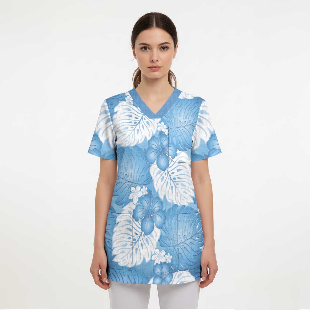 Blue Aloha Hawaii Scrub Top Monstera Hibiscus Plumeria Seamless Vibes - Polynesian Pride