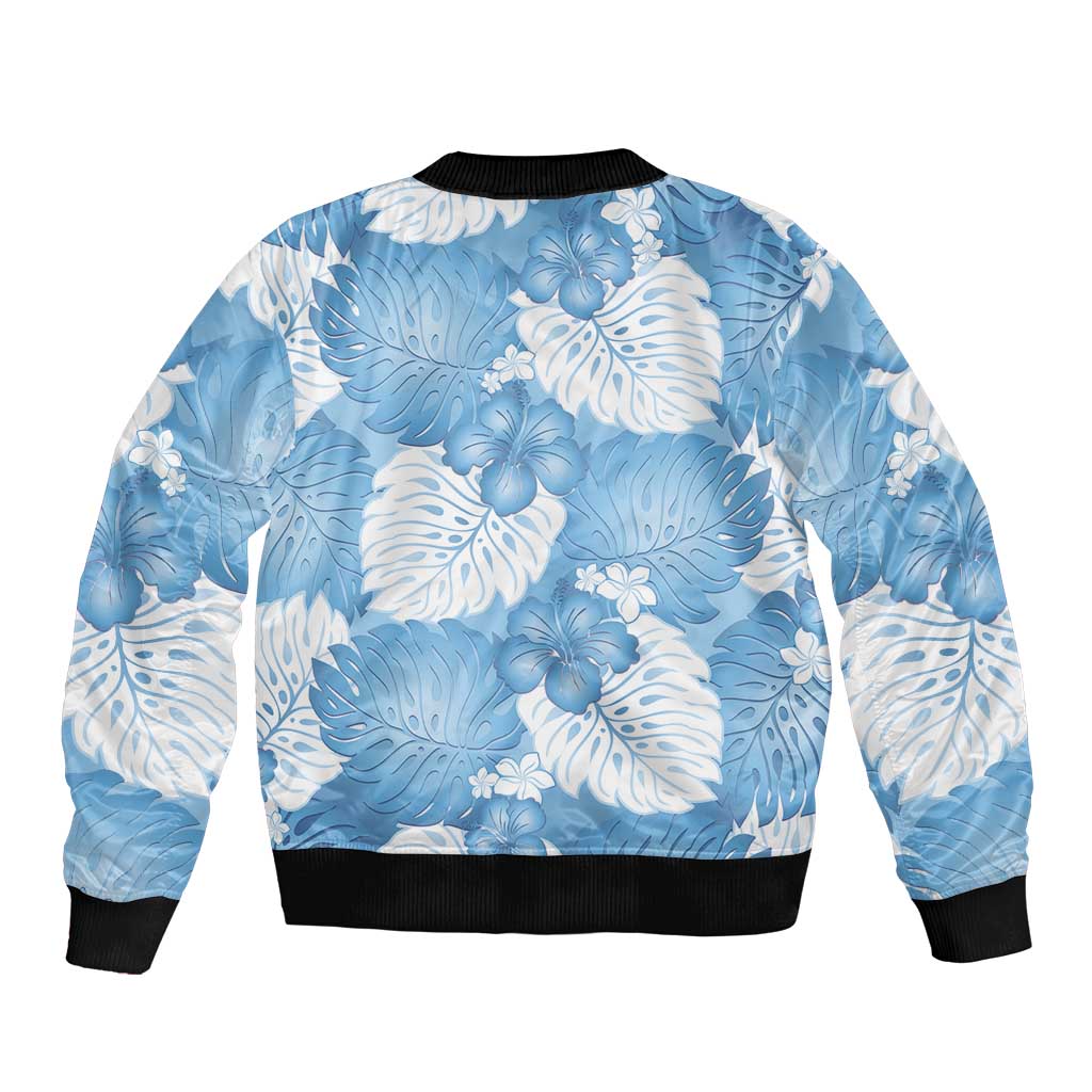 Blue Aloha Hawaii Sleeve Zip Bomber Jacket Monstera Hibiscus Plumeria Seamless Vibes - Polynesian Pride