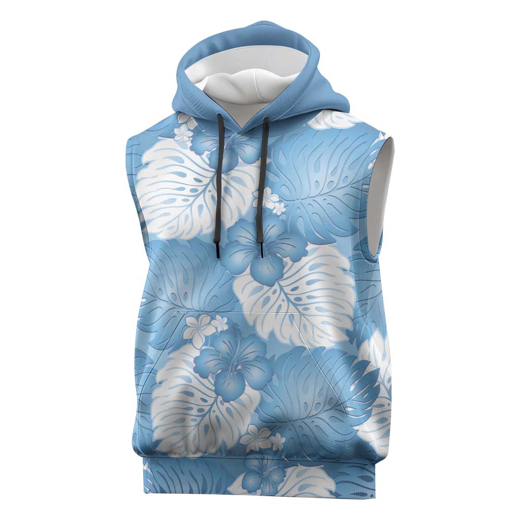 Blue Aloha Hawaii Sleeveless Hoodie Monstera Hibiscus Plumeria Seamless Vibes - Polynesian Pride