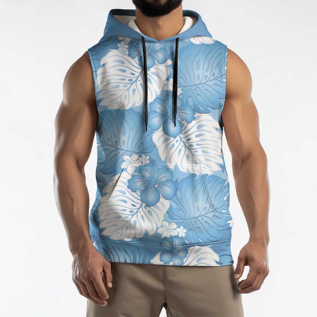 Blue Aloha Hawaii Sleeveless Hoodie Monstera Hibiscus Plumeria Seamless Vibes - Polynesian Pride