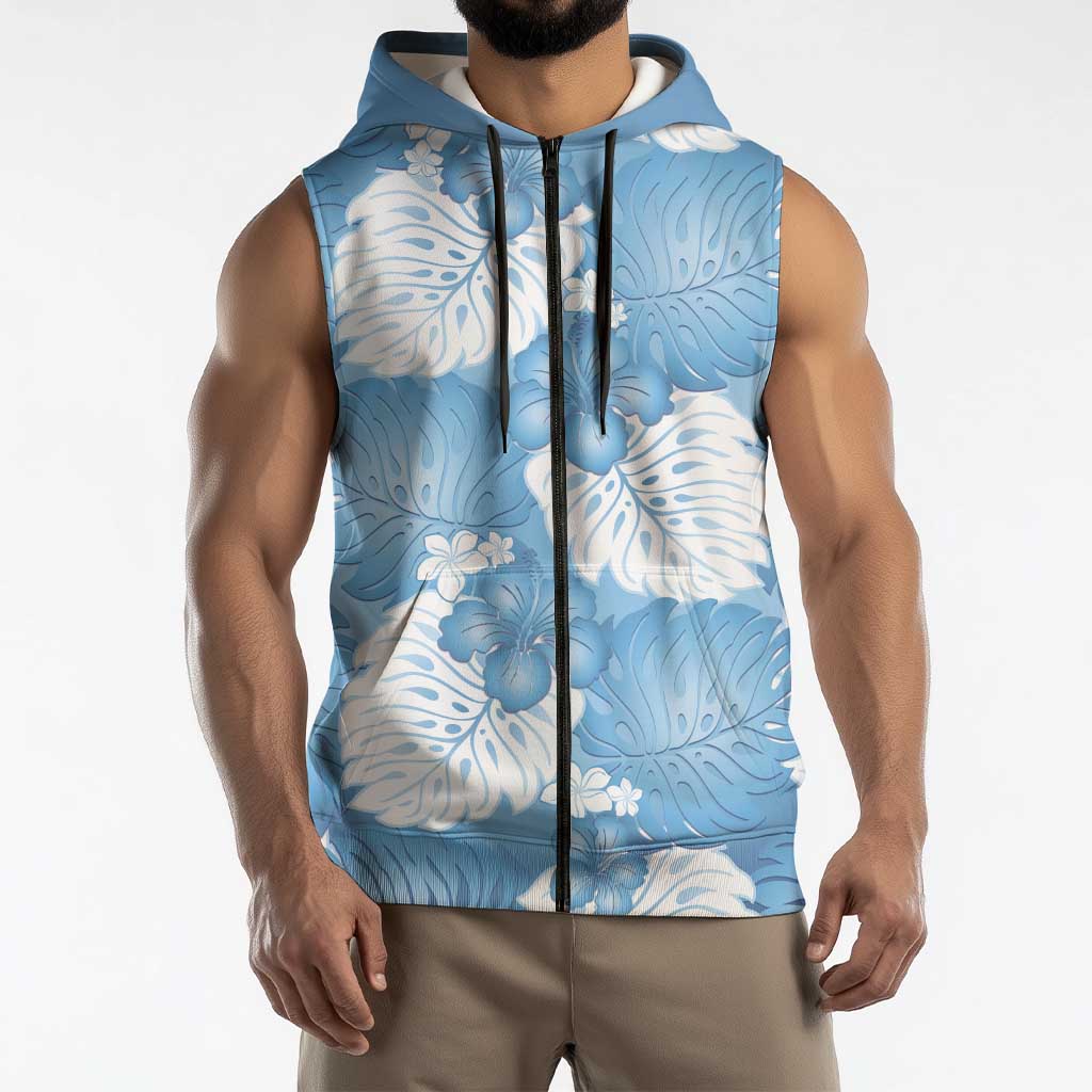 Blue Aloha Hawaii Sleeveless Zip Hoodie Monstera Hibiscus Plumeria Seamless Vibes - Polynesian Pride