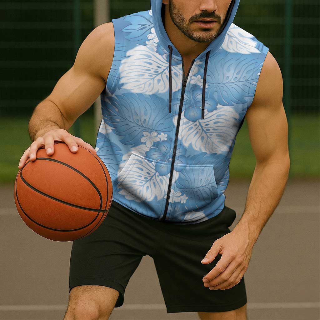 Blue Aloha Hawaii Sleeveless Zip Hoodie Monstera Hibiscus Plumeria Seamless Vibes - Polynesian Pride