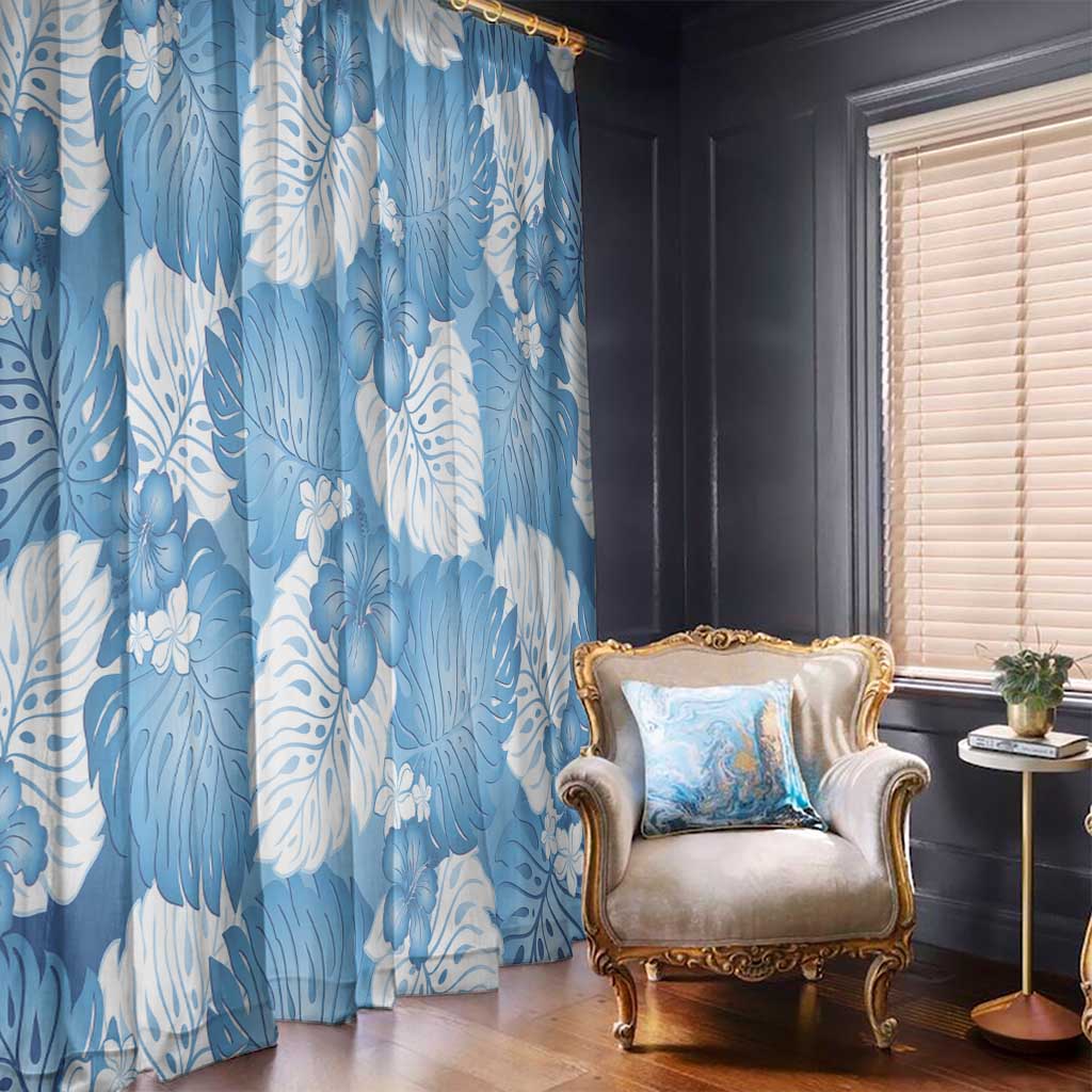 Blue Aloha Hawaii Window Curtain Monstera Hibiscus Plumeria Seamless Vibes - Polynesian Pride