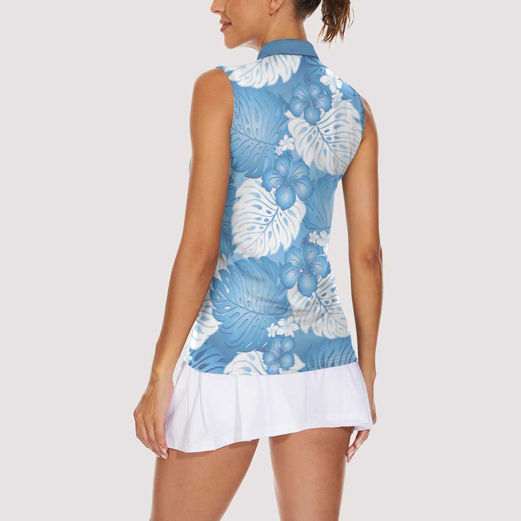 Blue Aloha Hawaii Women Sleeveless Polo Shirt Monstera Hibiscus Plumeria Seamless Vibes - Polynesian Pride