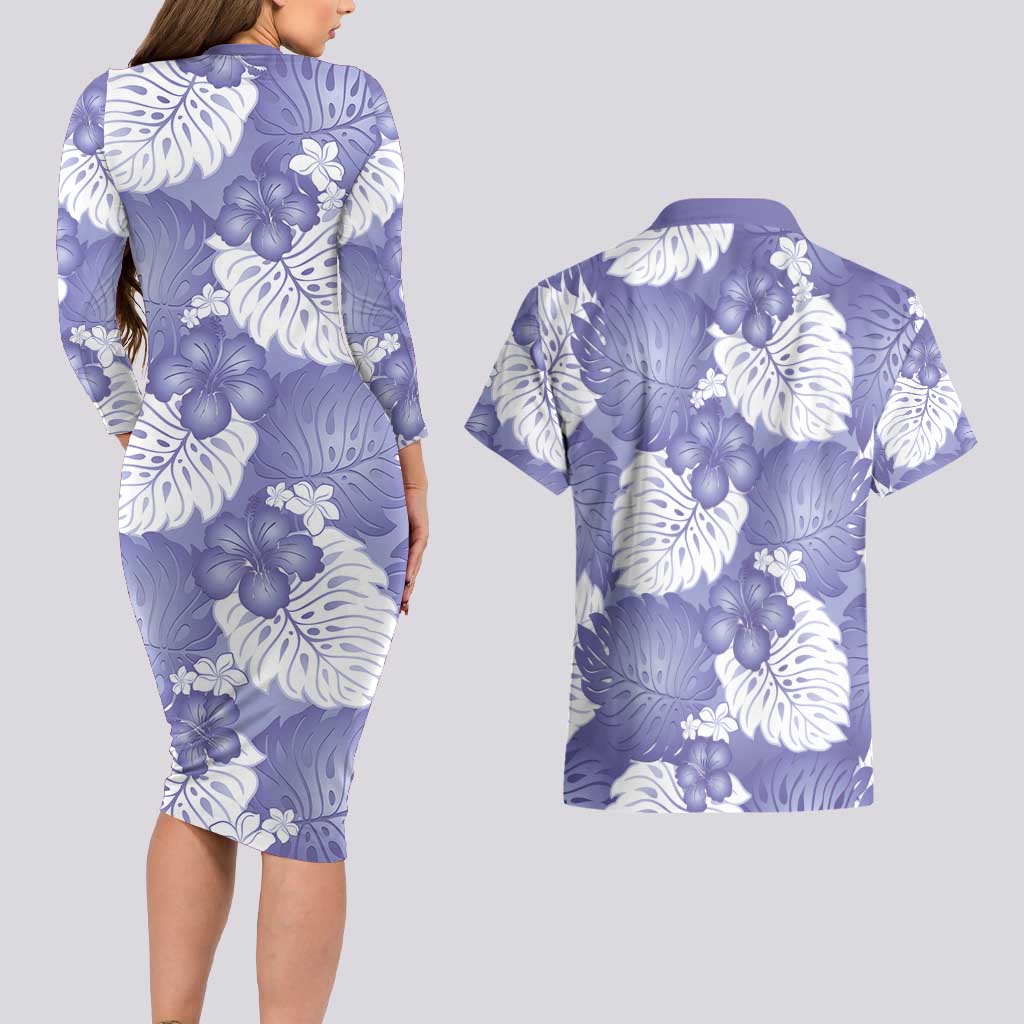 Purple Aloha Hawaii Couples Matching Long Sleeve Bodycon Dress and Hawaiian Shirt Monstera Hibiscus Plumeria Seamless Vibes - Polynesian Pride