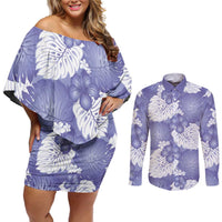 Purple Aloha Hawaii Couples Matching Off Shoulder Short Dress and Long Sleeve Button Shirt Monstera Hibiscus Plumeria Seamless Vibes - Polynesian Pride