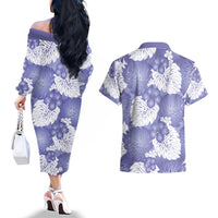 Purple Aloha Hawaii Couples Matching Off The Shoulder Long Sleeve Dress and Hawaiian Shirt Monstera Hibiscus Plumeria Seamless Vibes - Polynesian Pride