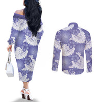 Purple Aloha Hawaii Couples Matching Off The Shoulder Long Sleeve Dress and Long Sleeve Button Shirt Monstera Hibiscus Plumeria Seamless Vibes - Polynesian Pride