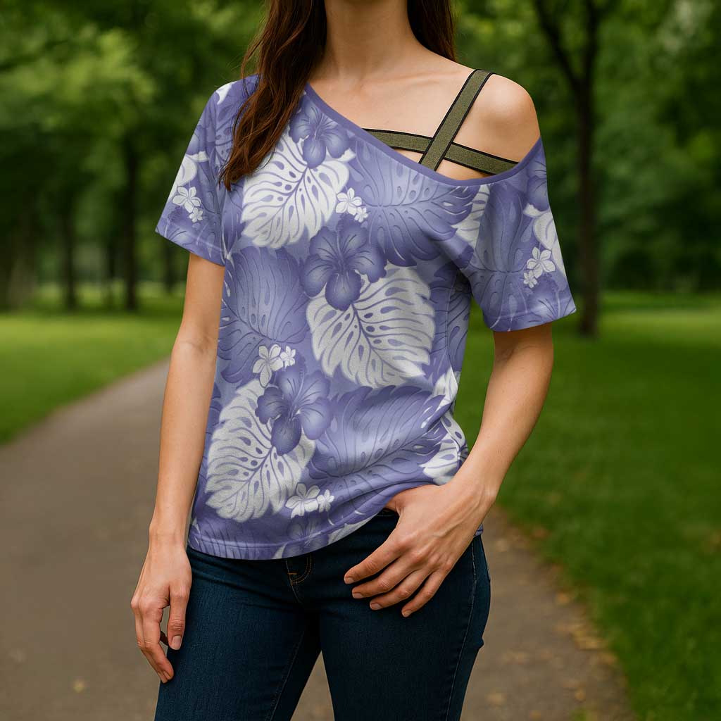 Purple Aloha Hawaii Cross Shoulder Shirt Monstera Hibiscus Plumeria Seamless Vibes - Polynesian Pride