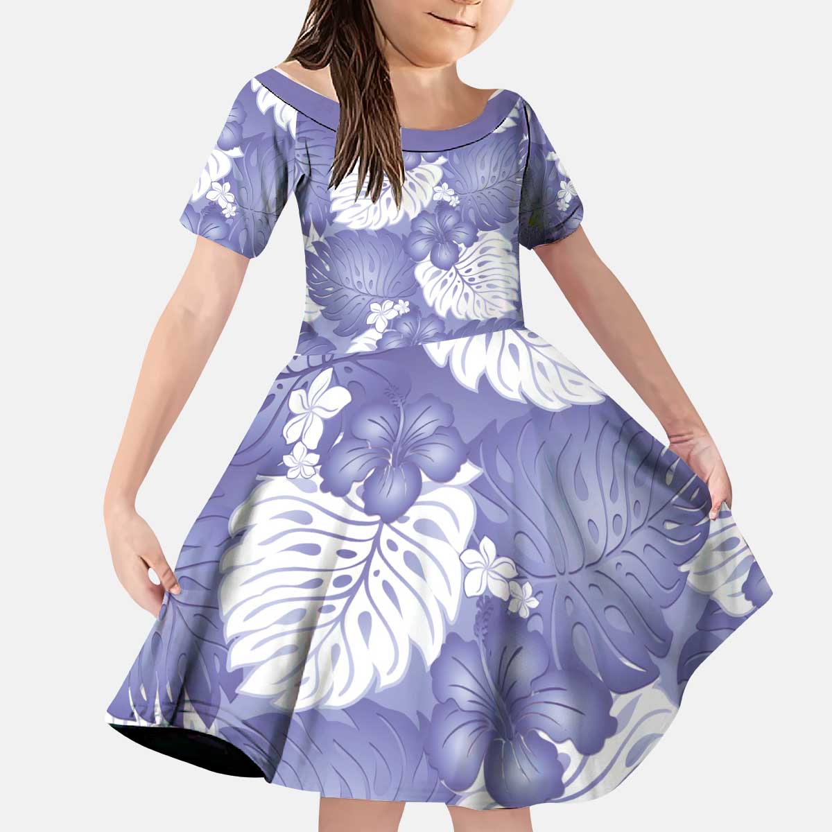 Purple Aloha Hawaii Kid Short Sleeve Dress Monstera Hibiscus Plumeria Seamless Vibes - Polynesian Pride
