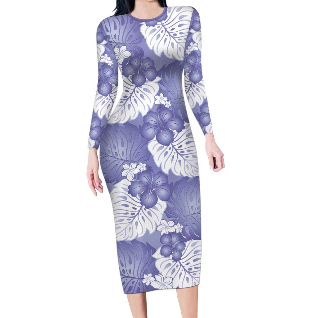 Purple Aloha Hawaii Long Sleeve Bodycon Dress Monstera Hibiscus Plumeria Seamless Vibes - Polynesian Pride