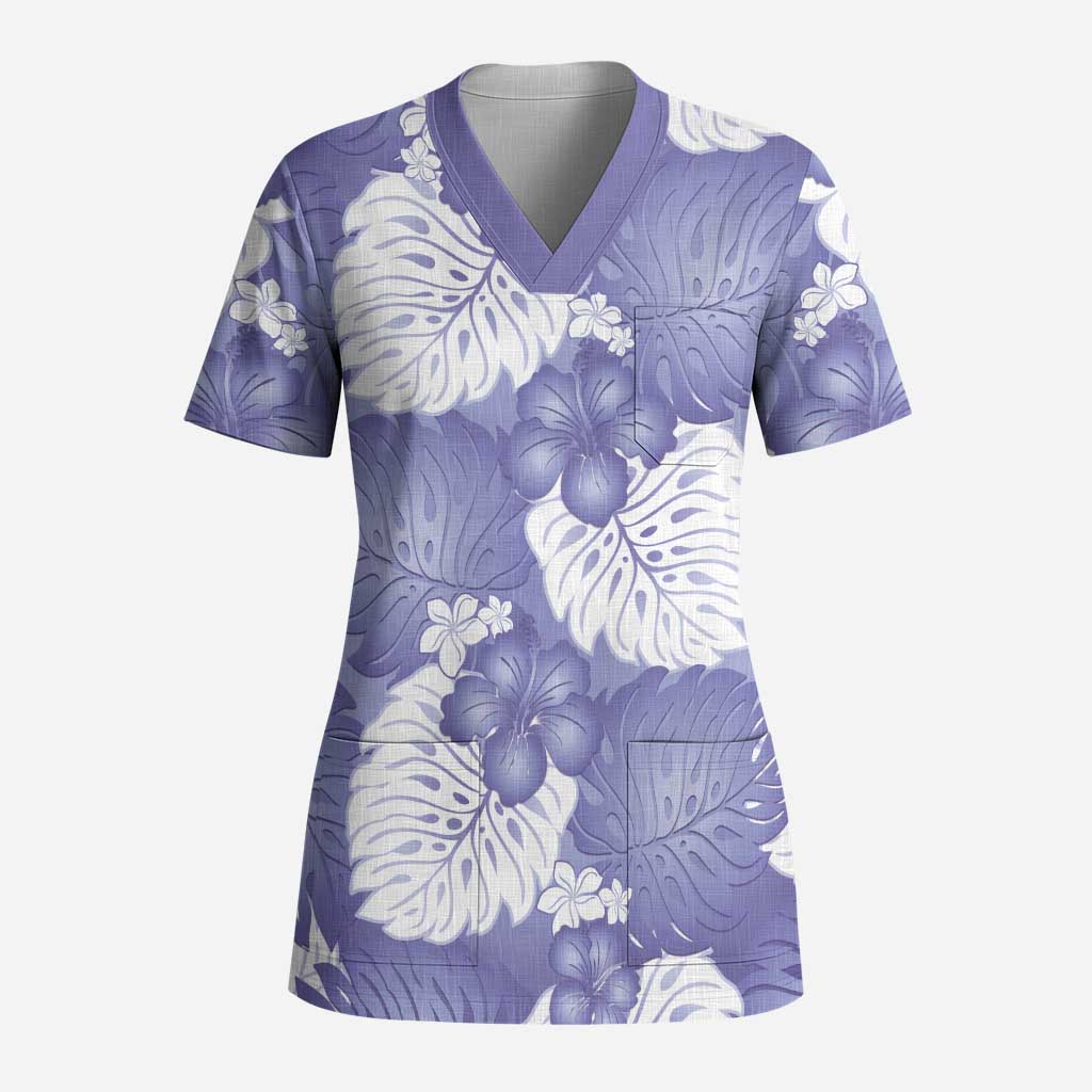 Purple Aloha Hawaii Scrub Top Monstera Hibiscus Plumeria Seamless Vibes - Polynesian Pride