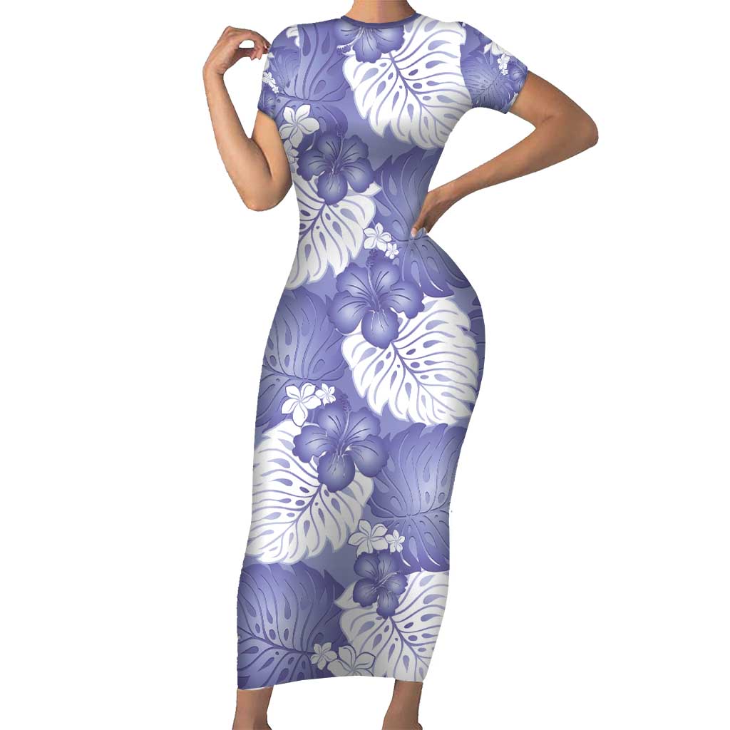 Purple Aloha Hawaii Short Sleeve Bodycon Dress Monstera Hibiscus Plumeria Seamless Vibes - Polynesian Pride