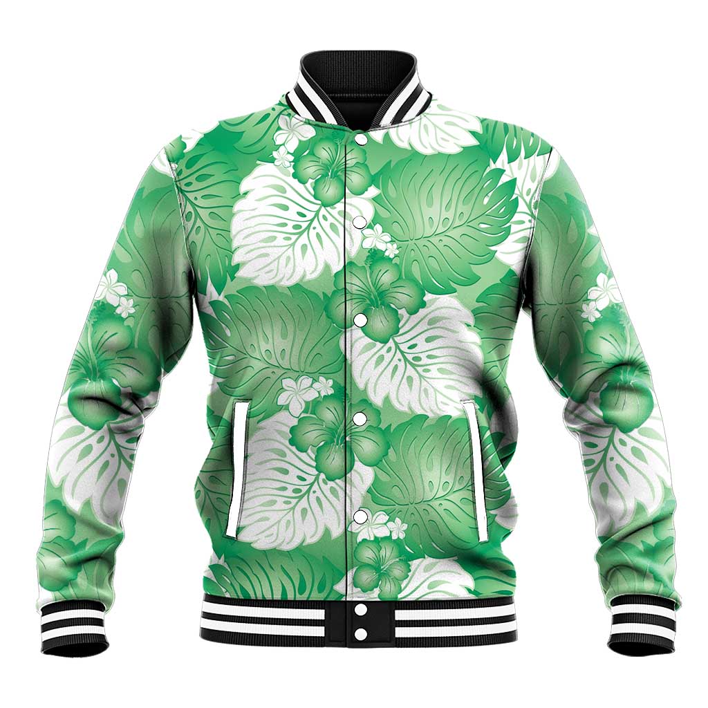 Green Aloha Hawaii Baseball Jacket Monstera Hibiscus Plumeria Seamless Vibes - Polynesian Pride