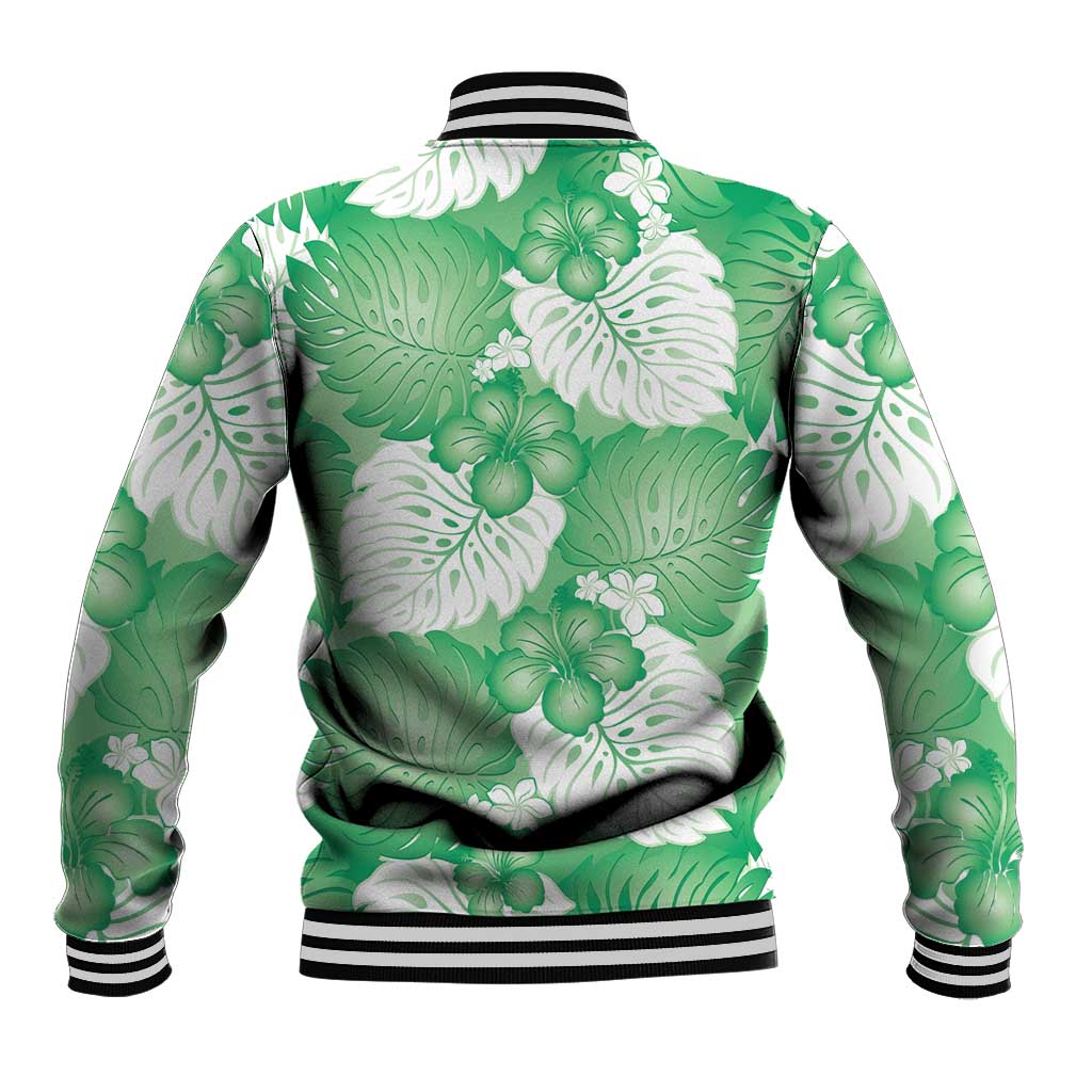 Green Aloha Hawaii Baseball Jacket Monstera Hibiscus Plumeria Seamless Vibes - Polynesian Pride
