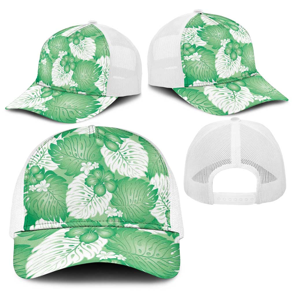 Green Aloha Hawaii Baseball Net Cap Monstera Hibiscus Plumeria Seamless Vibes - Polynesian Pride