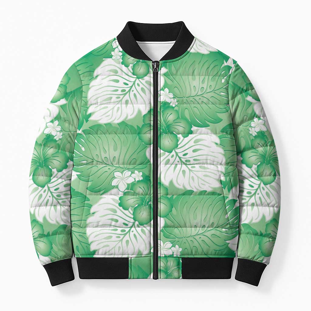 Green Aloha Hawaii Bomber Puffer Jacket Monstera Hibiscus Plumeria Seamless Vibes - Polynesian Pride