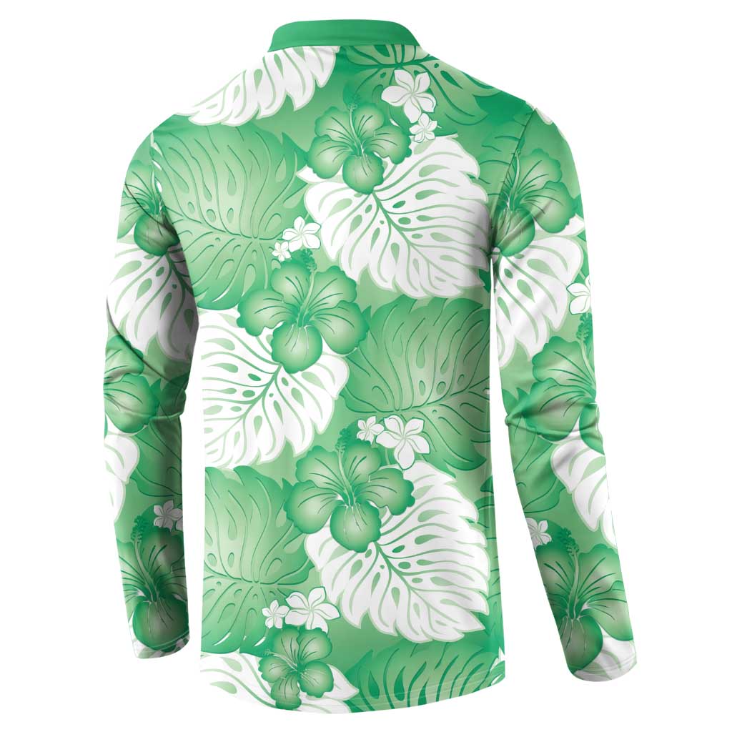 Green Aloha Hawaii Button Sweatshirt Monstera Hibiscus Plumeria Seamless Vibes - Polynesian Pride