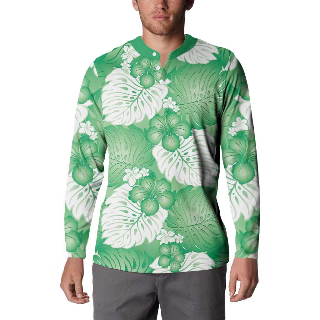 Green Aloha Hawaii Button Sweatshirt Monstera Hibiscus Plumeria Seamless Vibes - Polynesian Pride